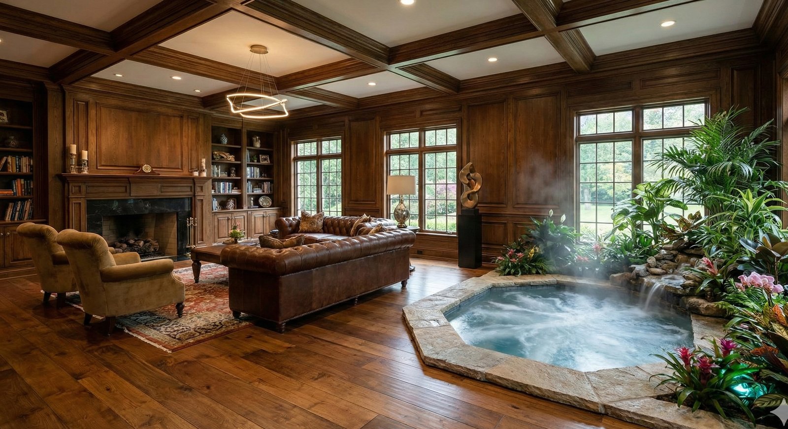 Luxury library study with integrated hot tub, wood paneling, and botanical elements