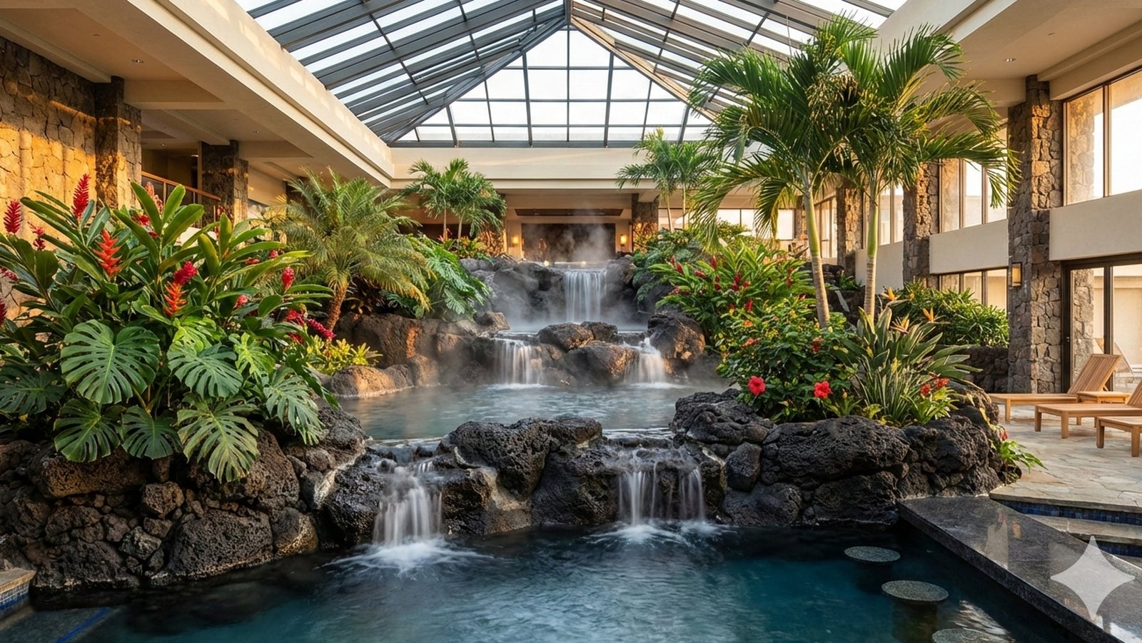 Volcanic rock waterfall cascading into a geothermally inspired pool with tropical botanical integration